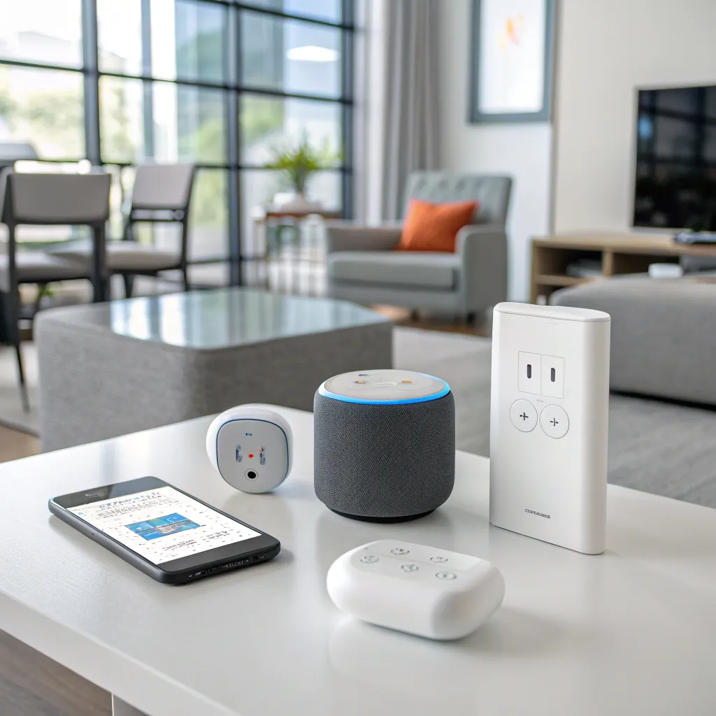 Smart home devices on a modern living room table